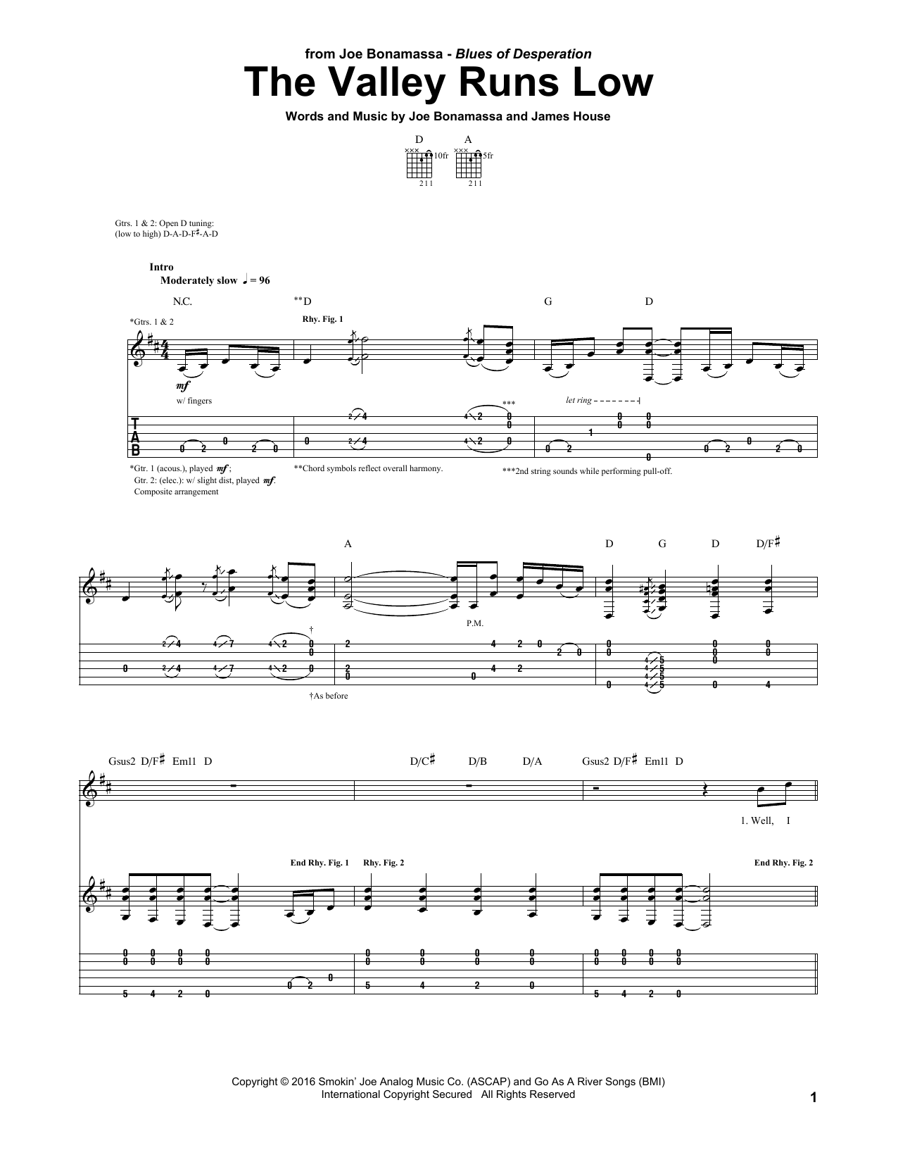 Joe Bonamassa The Valley Runs Low Sheet Music