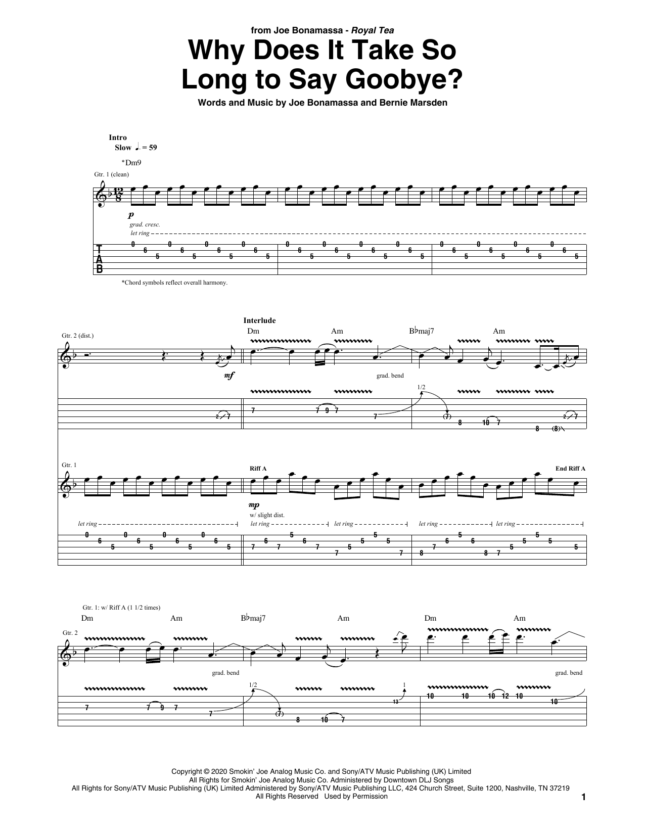 Joe Bonamassa Why Does It Take So Long To Say Goodbye? Sheet Music