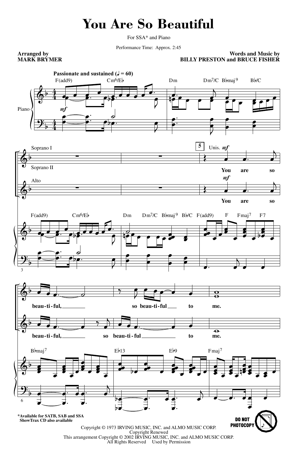 Joe Cocker You Are So Beautiful (arr. Mark Brymer) Sheet Music