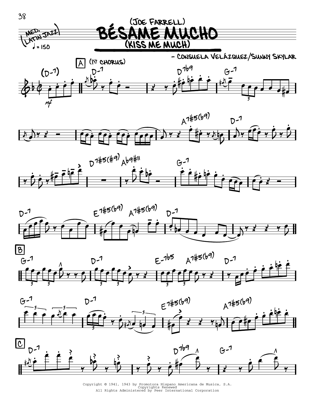 Joe Farrell Bésame Mucho (Kiss Me Much) (solo only) Sheet Music