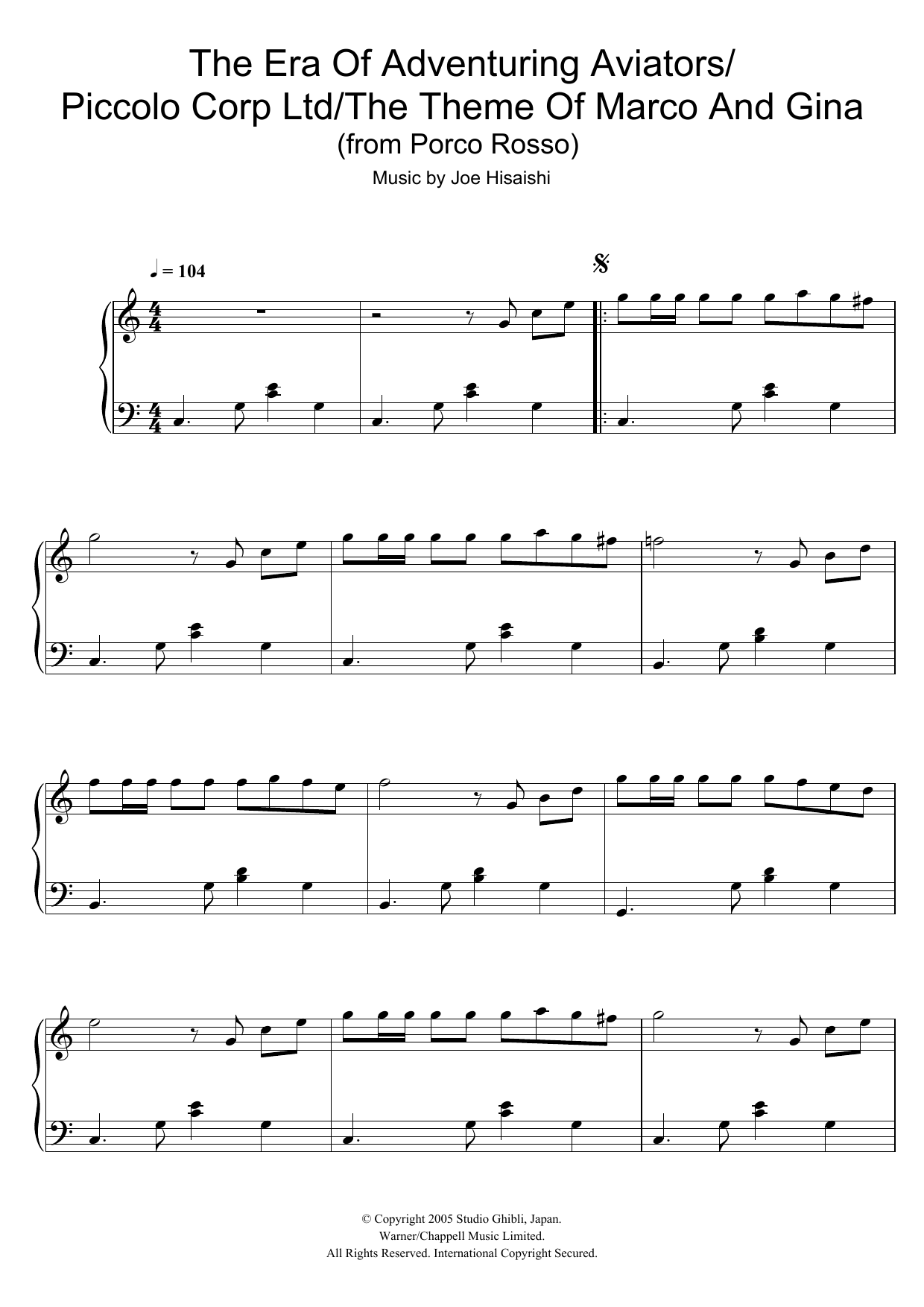 Joe Hisaishi Porco Rosso (The Era Of Adventuring Aviators/Piccolo Corp Ltd/The Theme Of Marco Sheet Music