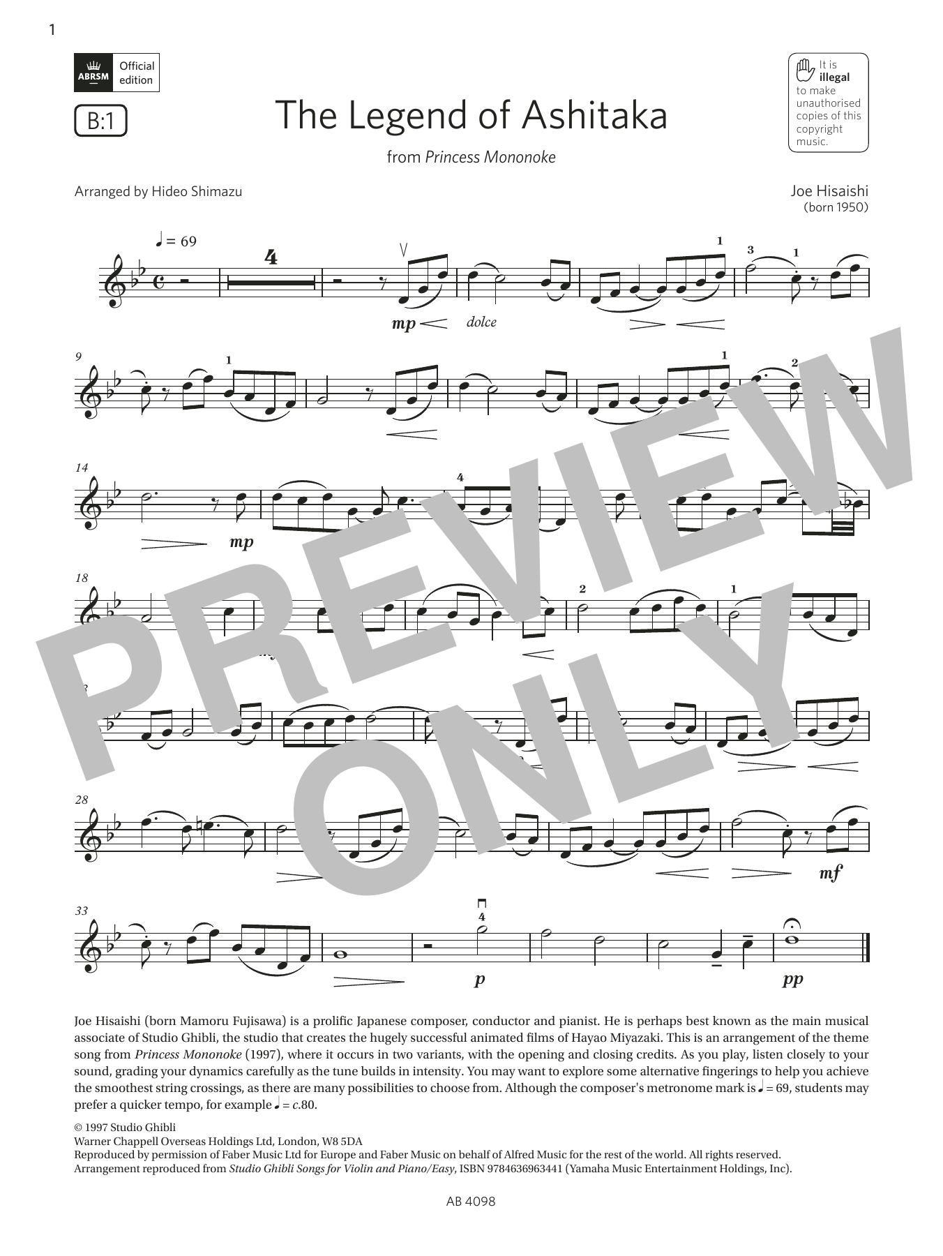 Joe Hisaishi The Legend of Ashitaka (Grade 4, B1, from the ABRSM Violin Syllabus from 2024) Sheet Music