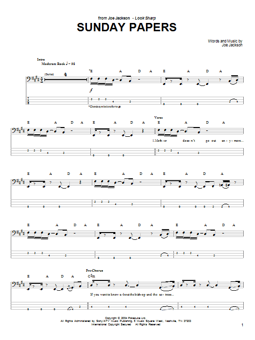 Joe Jackson Sunday Papers Sheet Music