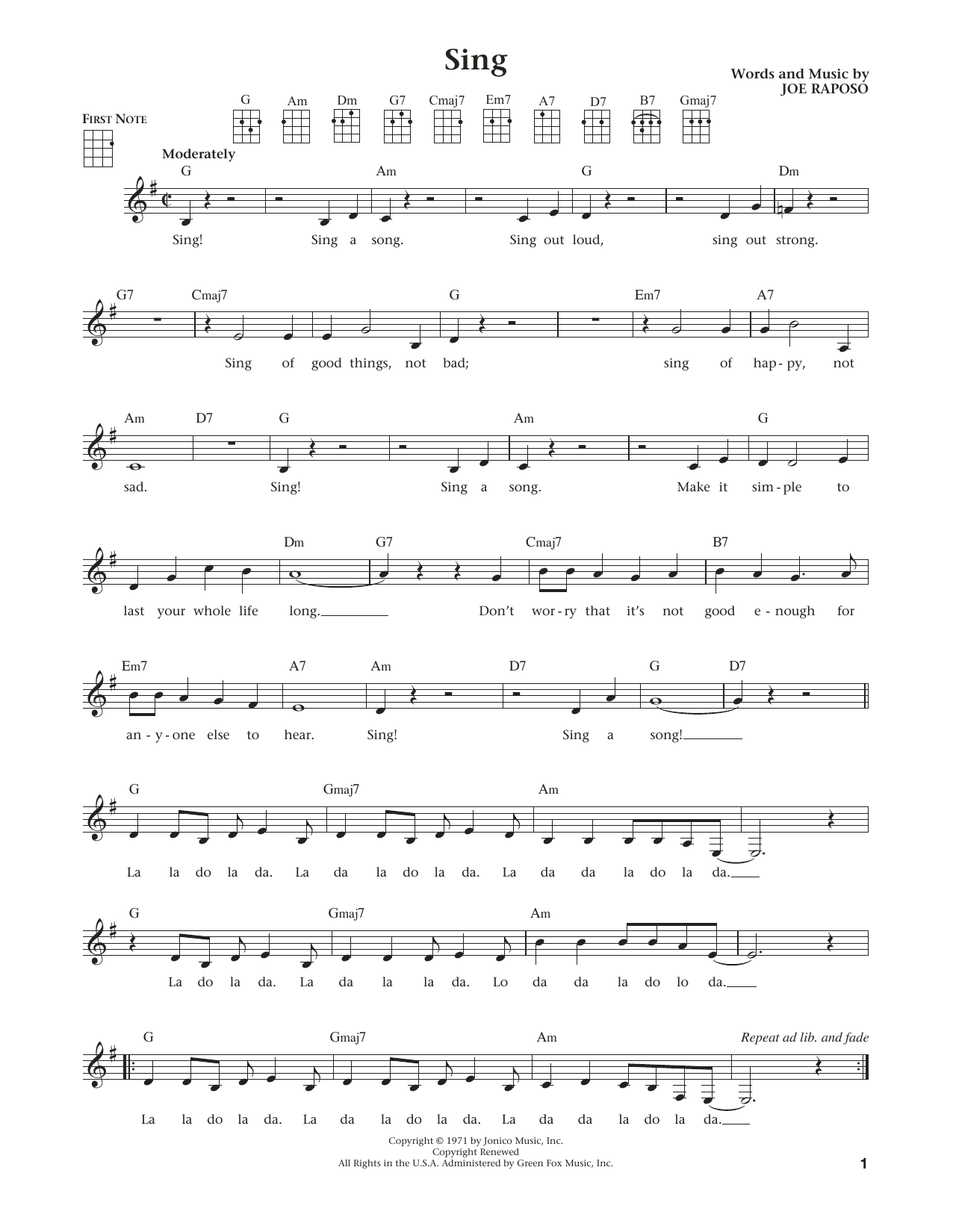 Joe Raposo Sing (from The Daily Ukulele) (arr. Liz and Jim Beloff) Sheet Music