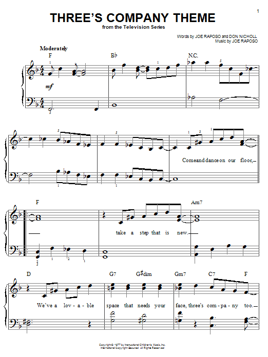 Joe Raposo Three's Company Theme Sheet Music