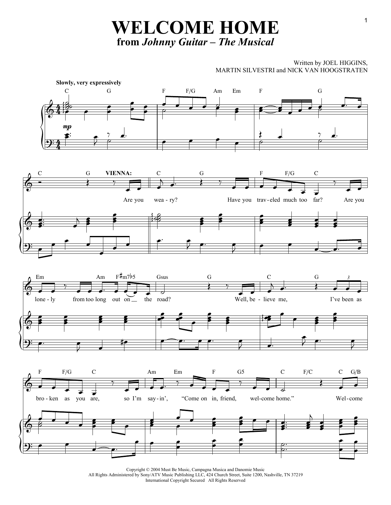 Joel Higgins, Martin Silvestri and Nick Van Hoogstraten Welcome Home (from Johnny Guitar - The Musical) Sheet Music