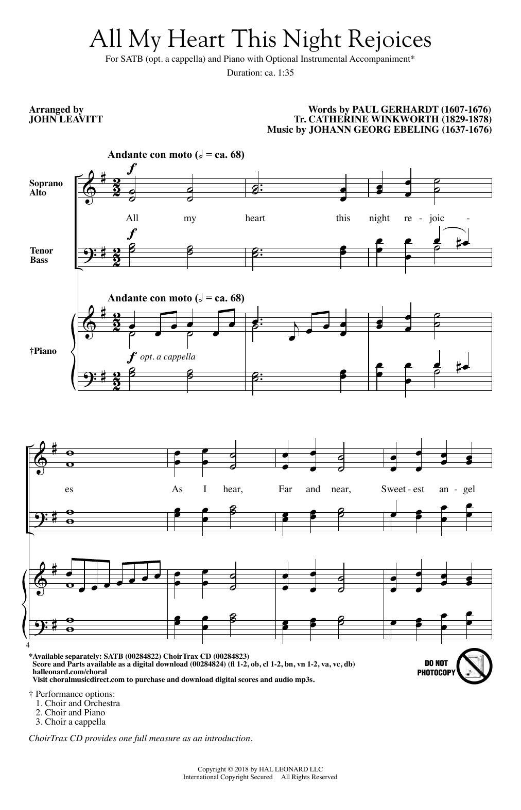 Johann Georg Ebeling All My Heart This Night Rejoices (arr. John Leavitt) Sheet Music