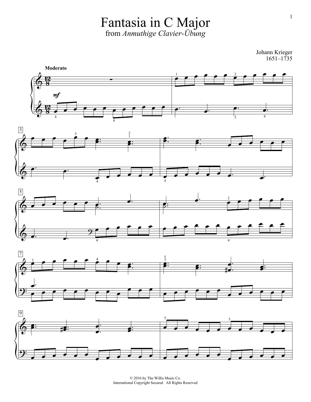 Johann Krieger Fantasia In C Major Sheet Music