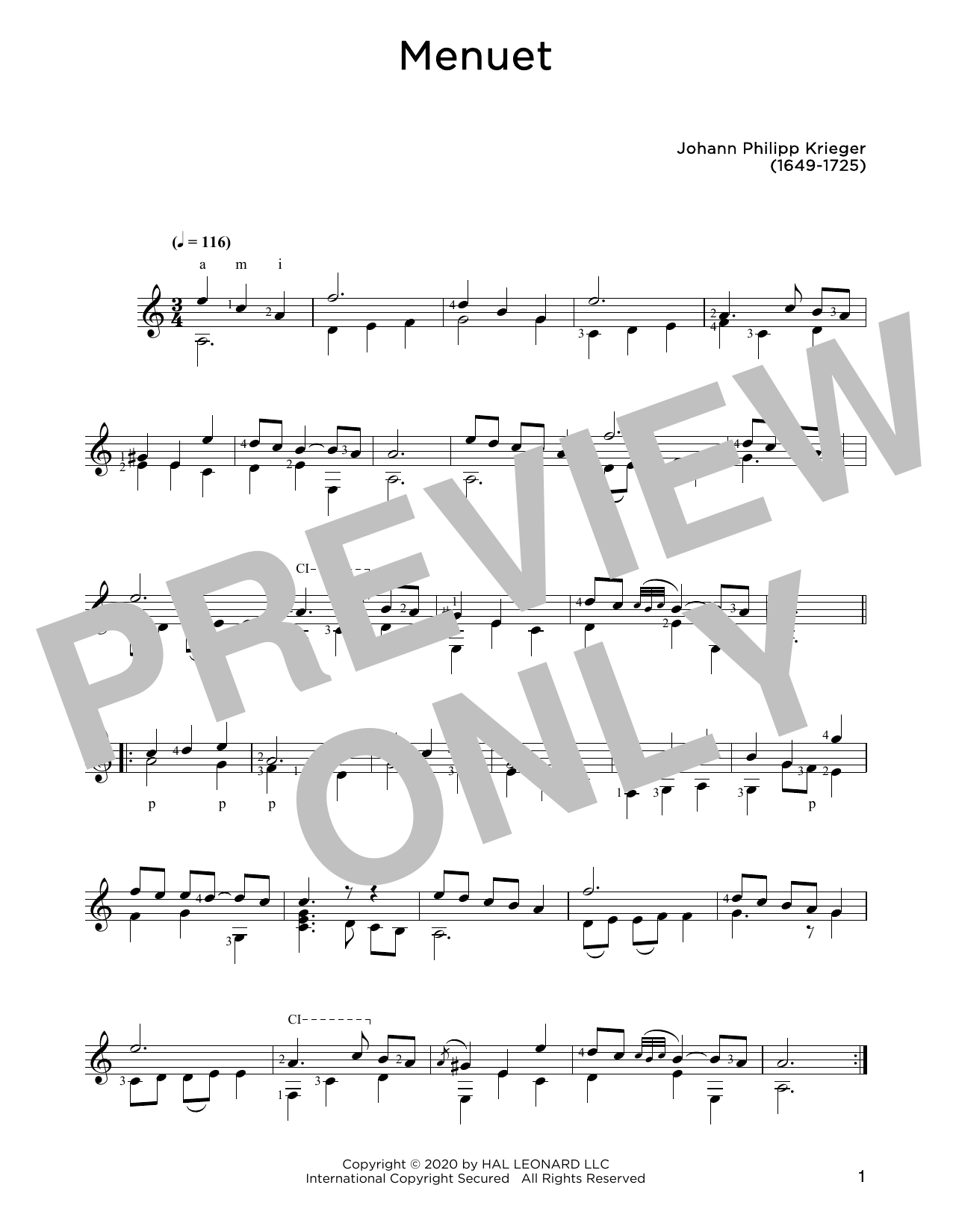 Johann Krieger Menuet Sheet Music