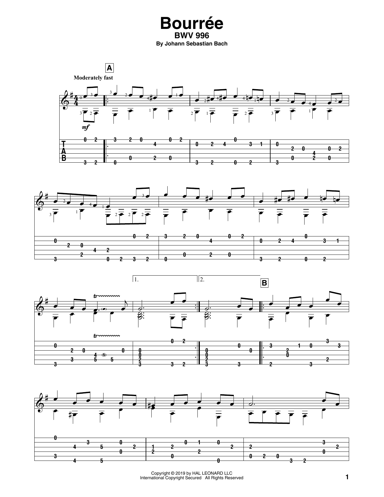 Johann Sebastian Bach Bouree (arr. Bill LaFleur) Sheet Music