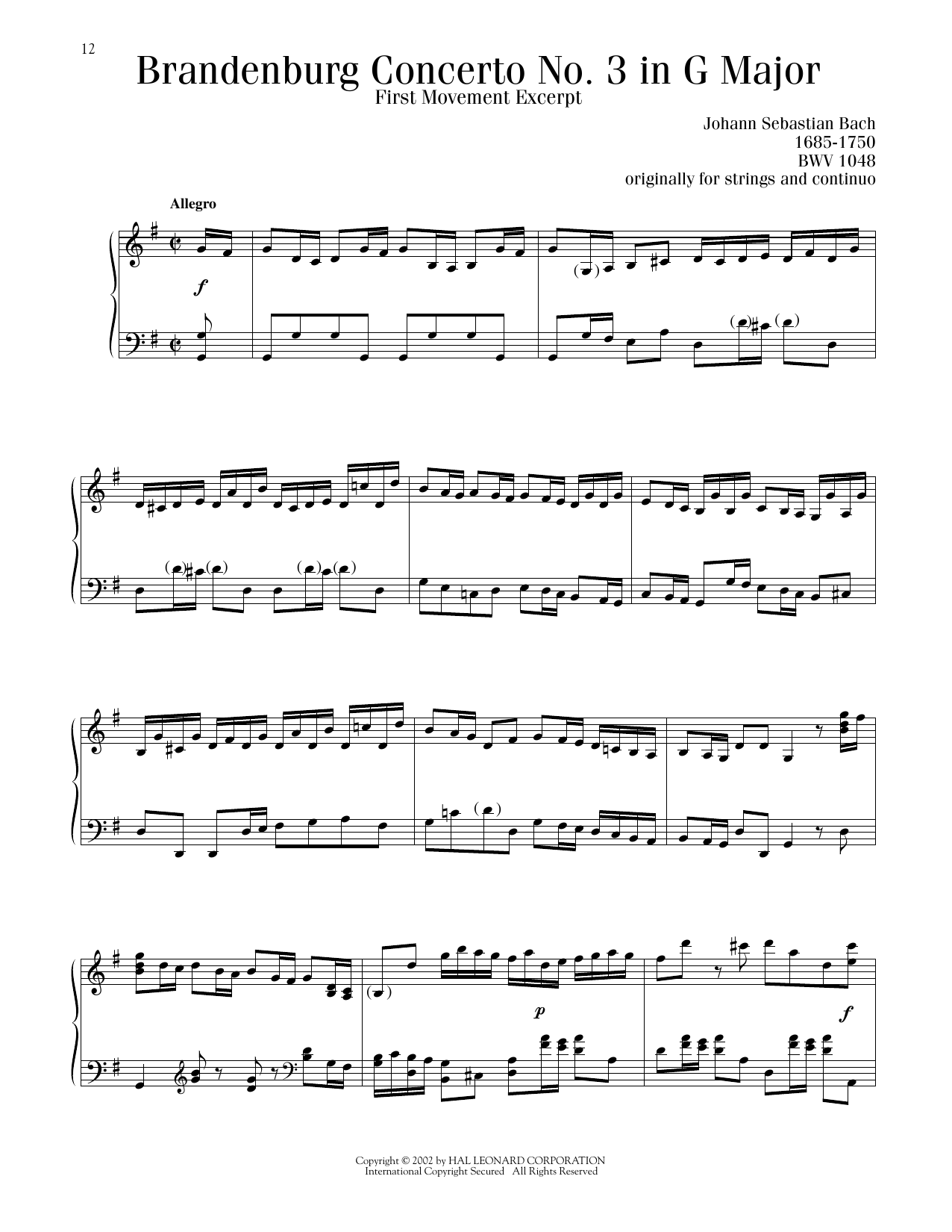 Johann Sebastian Bach Brandenburg Concerto No. 3 Sheet Music