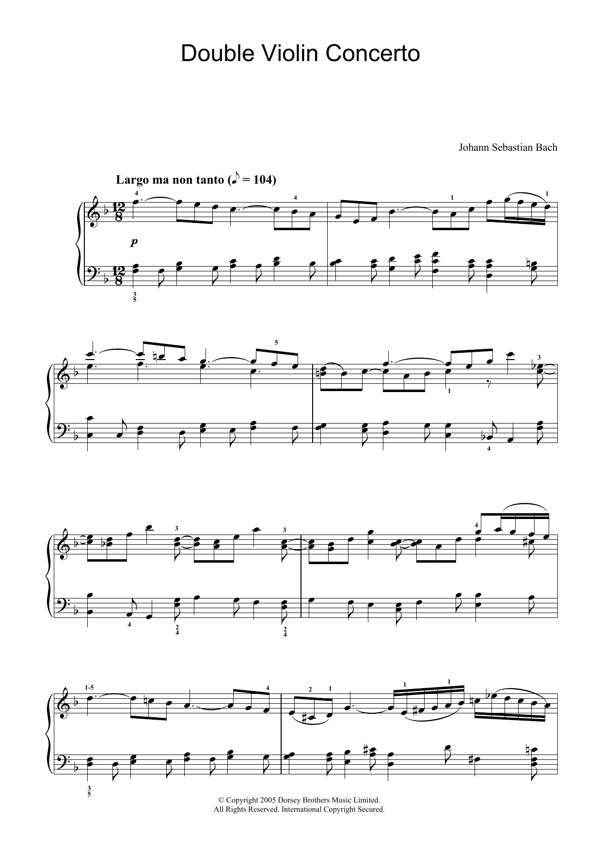 Johann Sebastian Bach Double Violin Concerto, 2nd Movement Sheet Music
