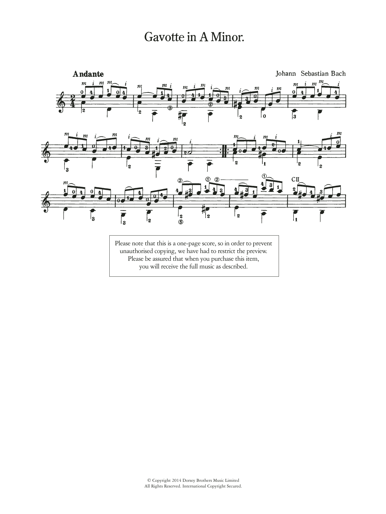 Johann Sebastian Bach Gavotte in A Minor Sheet Music