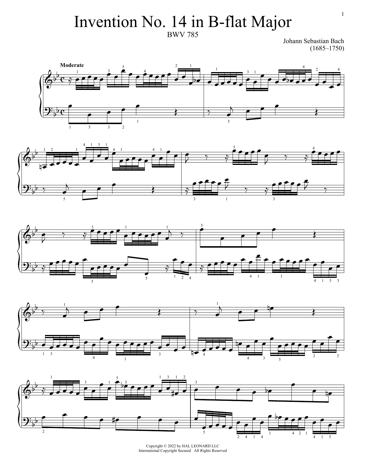Johann Sebastian Bach Invention No. 14 In B-Flat Major, BWV 785 Sheet Music