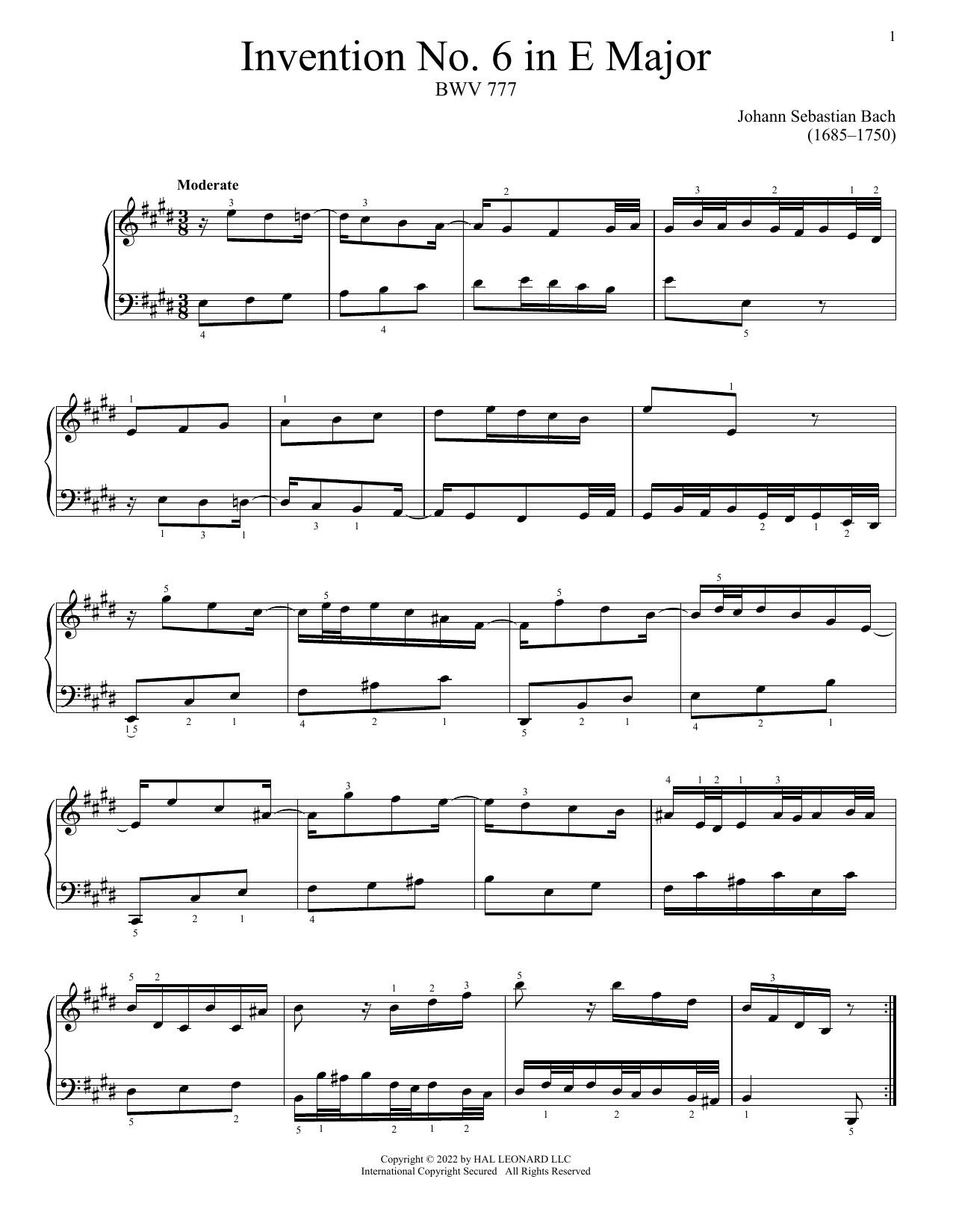 Johann Sebastian Bach Invention No. 6 In E Major, BWV 777 Sheet Music
