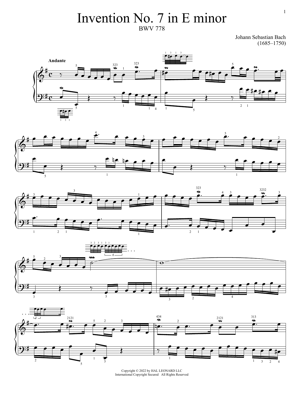 Johann Sebastian Bach Invention No. 7 In E Minor, BWV 778 Sheet Music