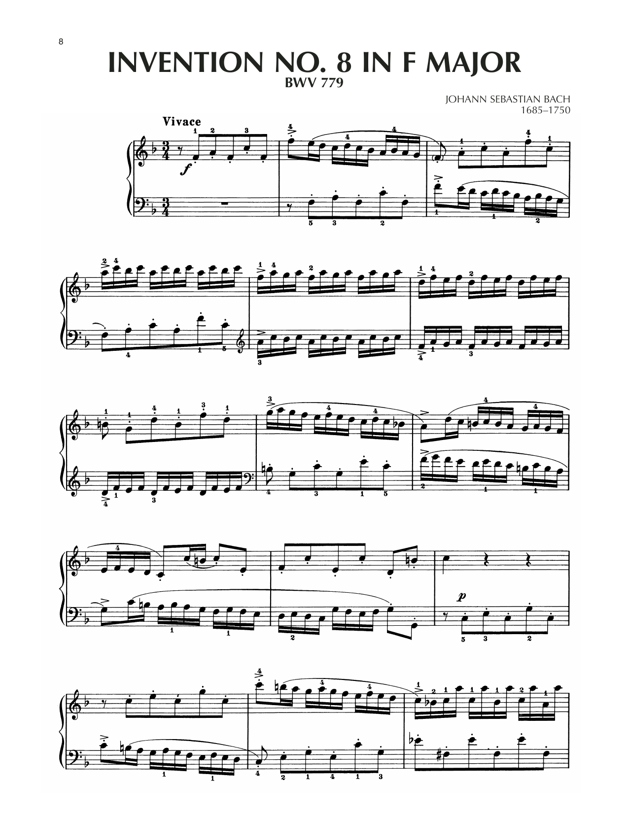 Johann Sebastian Bach Invention No. 8 In F Major, BWV 779 Sheet Music