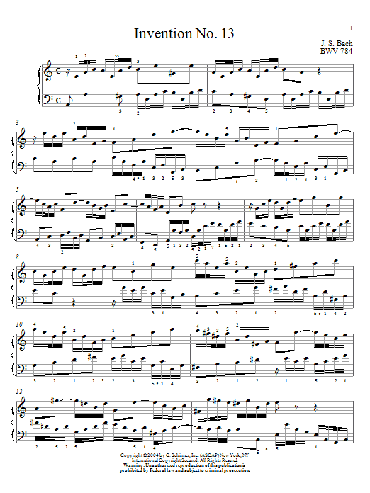 Johann Sebastian Bach Invention No.13 Sheet Music