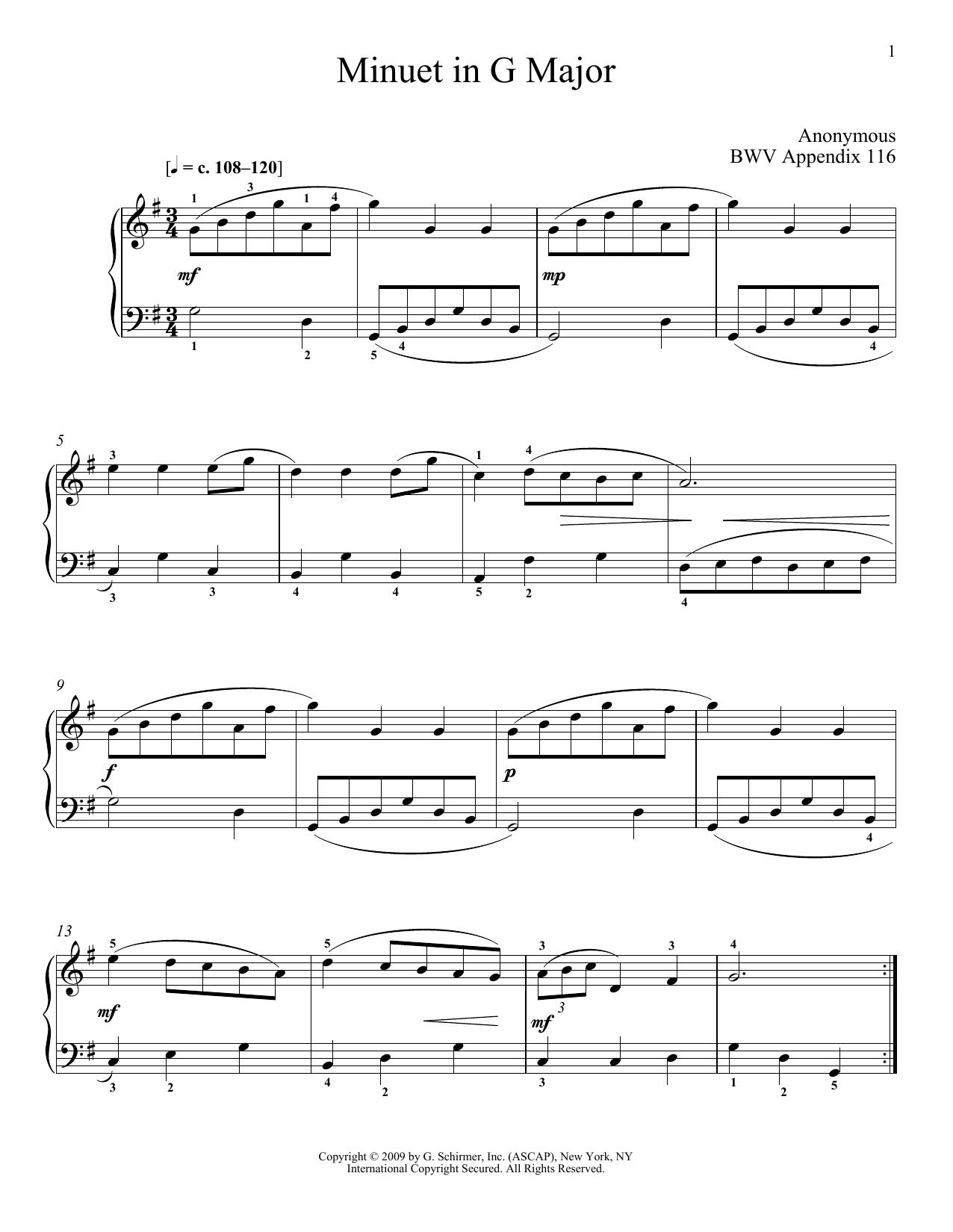 Johann Sebastian Bach Menuet In G Major, BWV App. 116 Sheet Music