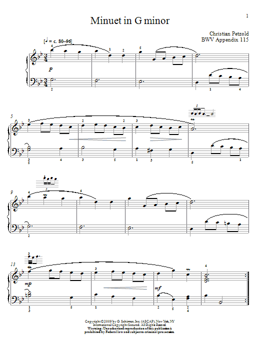 Johann Sebastian Bach Menuet In G Minor, BWV App. 115 Sheet Music