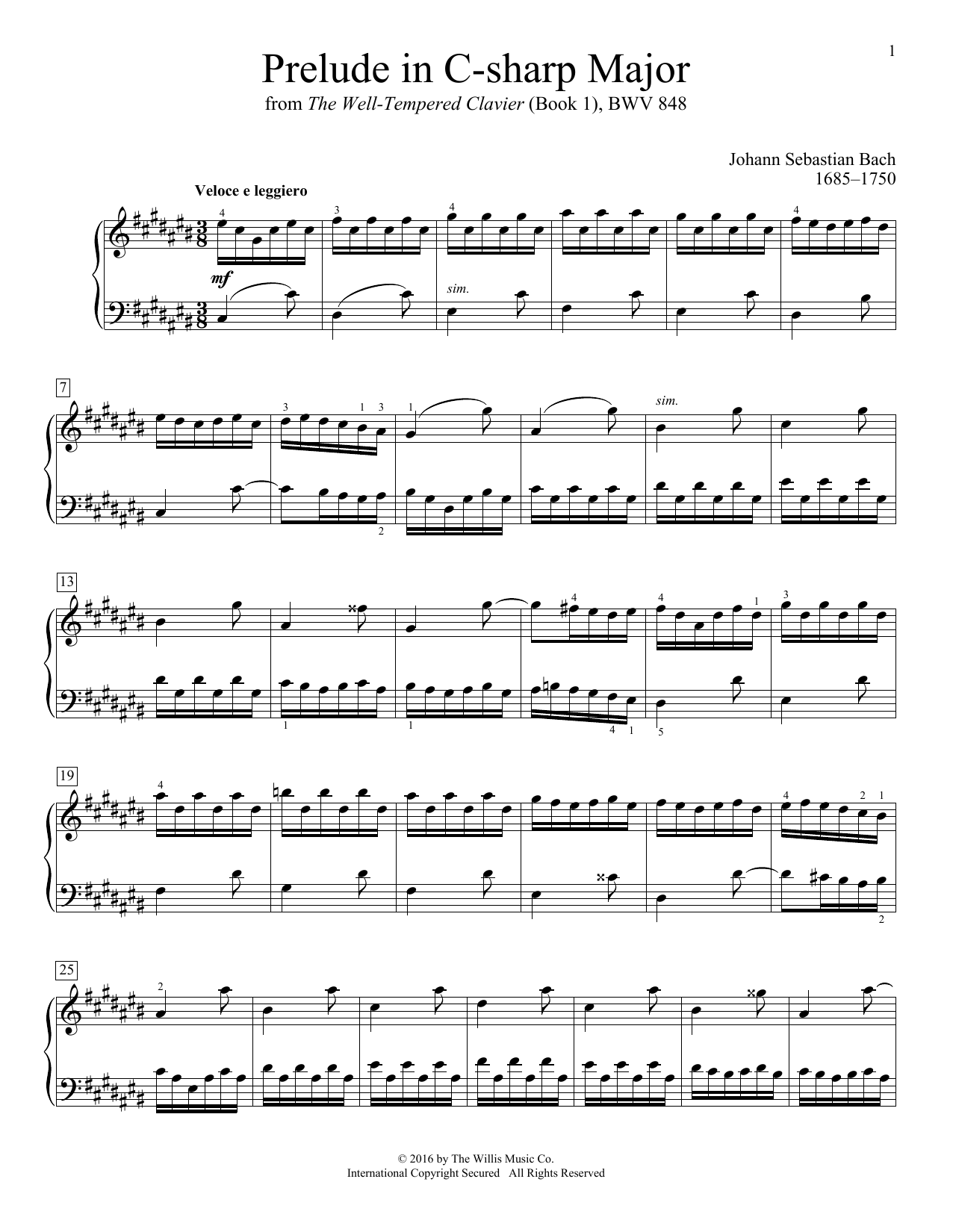 Johann Sebastian Bach Prelude In C-Sharp Major Sheet Music