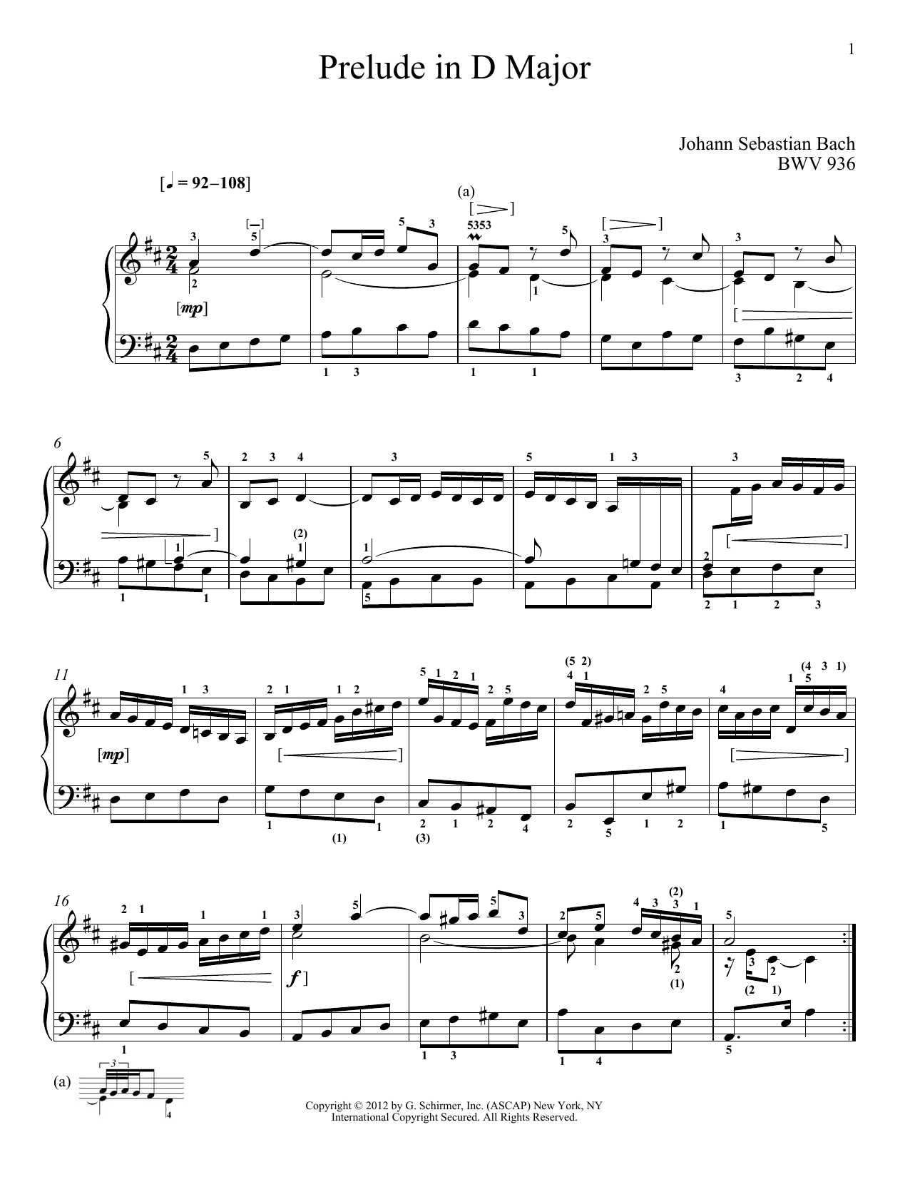Johann Sebastian Bach Prelude In D Major, BMV 936 Sheet Music