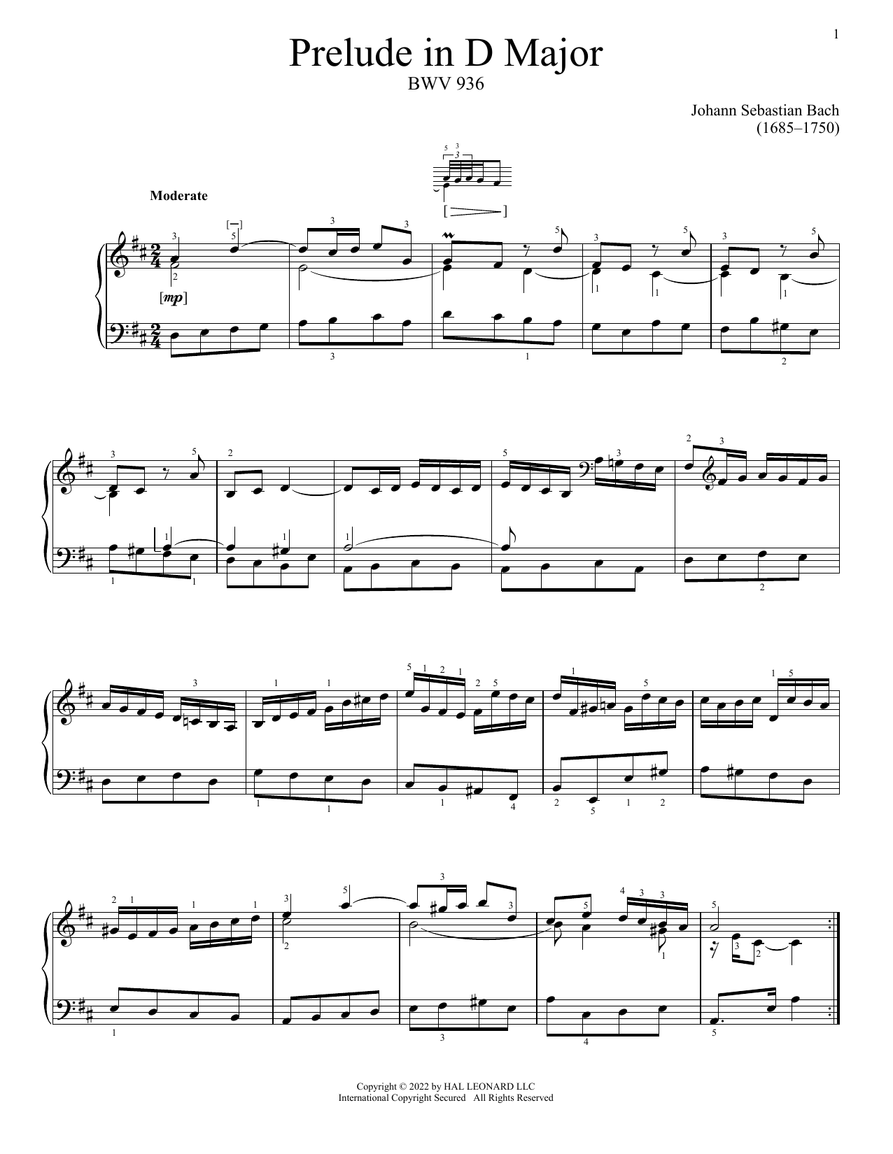 Johann Sebastian Bach Prelude In D Major, BWV 936 Sheet Music