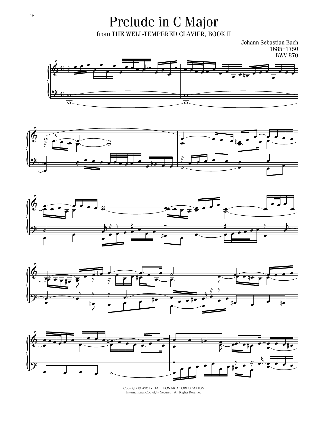 Johann Sebastian Bach Prelude No. 1 In C Major, BWV 870 Sheet Music