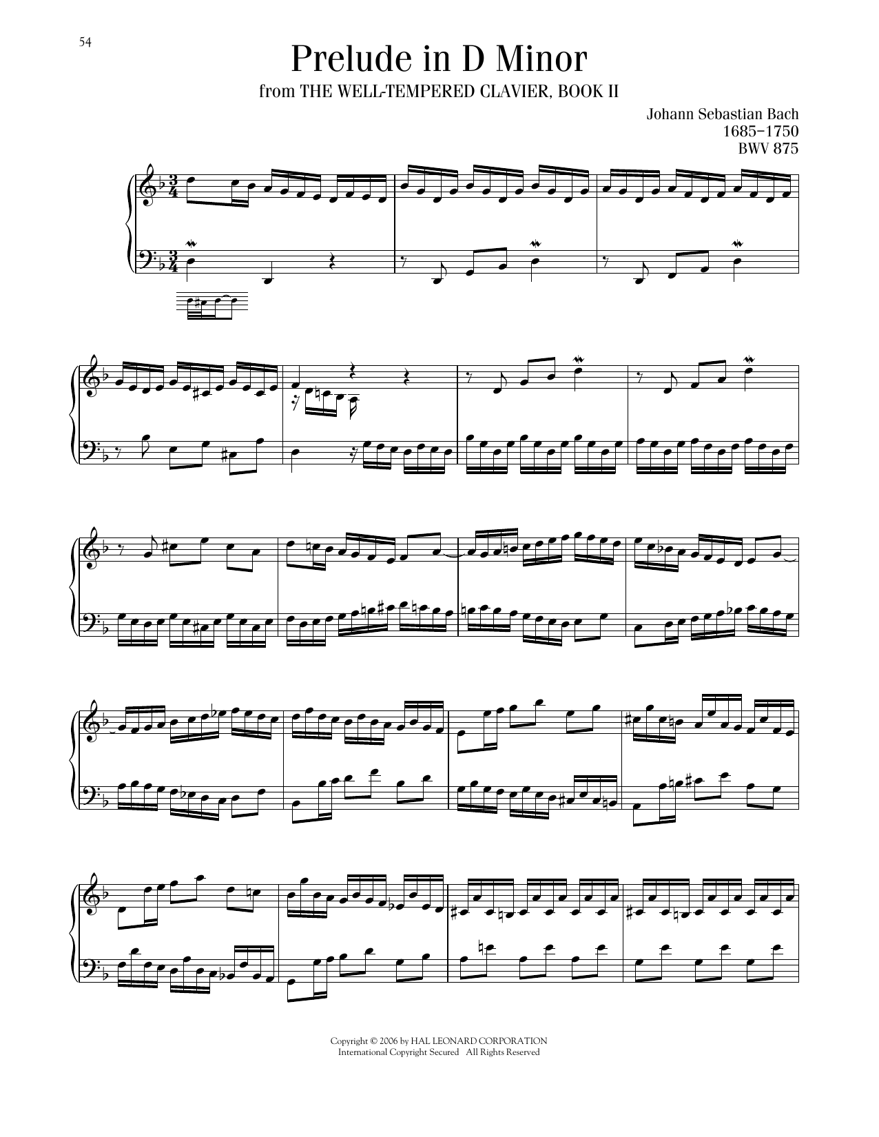 Johann Sebastian Bach Prelude No. 6 In D Minor, BWV 875 Sheet Music