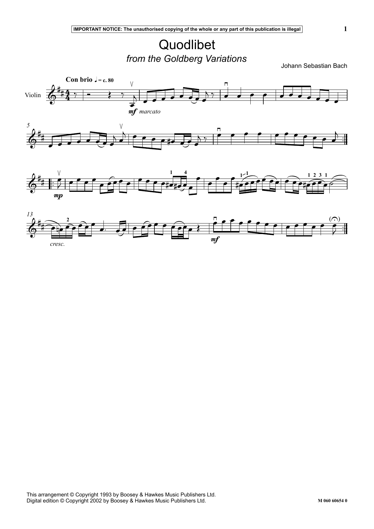 Johann Sebastian Bach Quodlibet (from The Goldberg Variations) Sheet Music