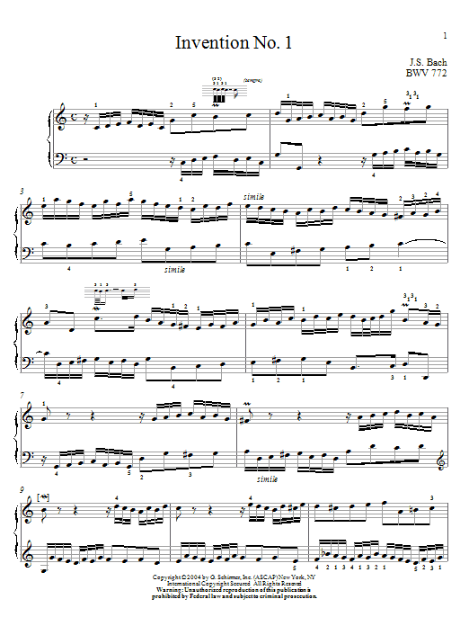 Johann Sebastian Bach Two-Part Invention In C Major Sheet Music