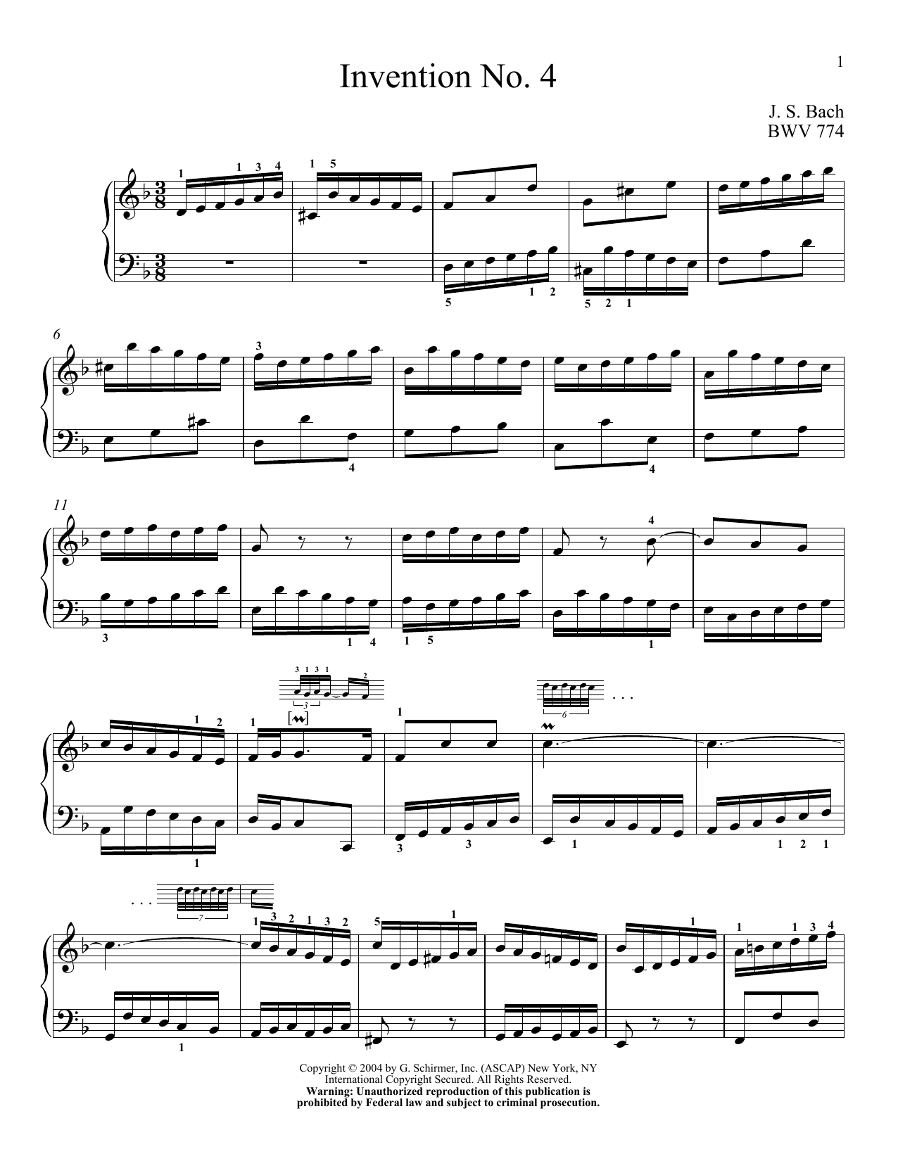 Johann Sebastian Bach Two-Part Invention In D Minor Sheet Music