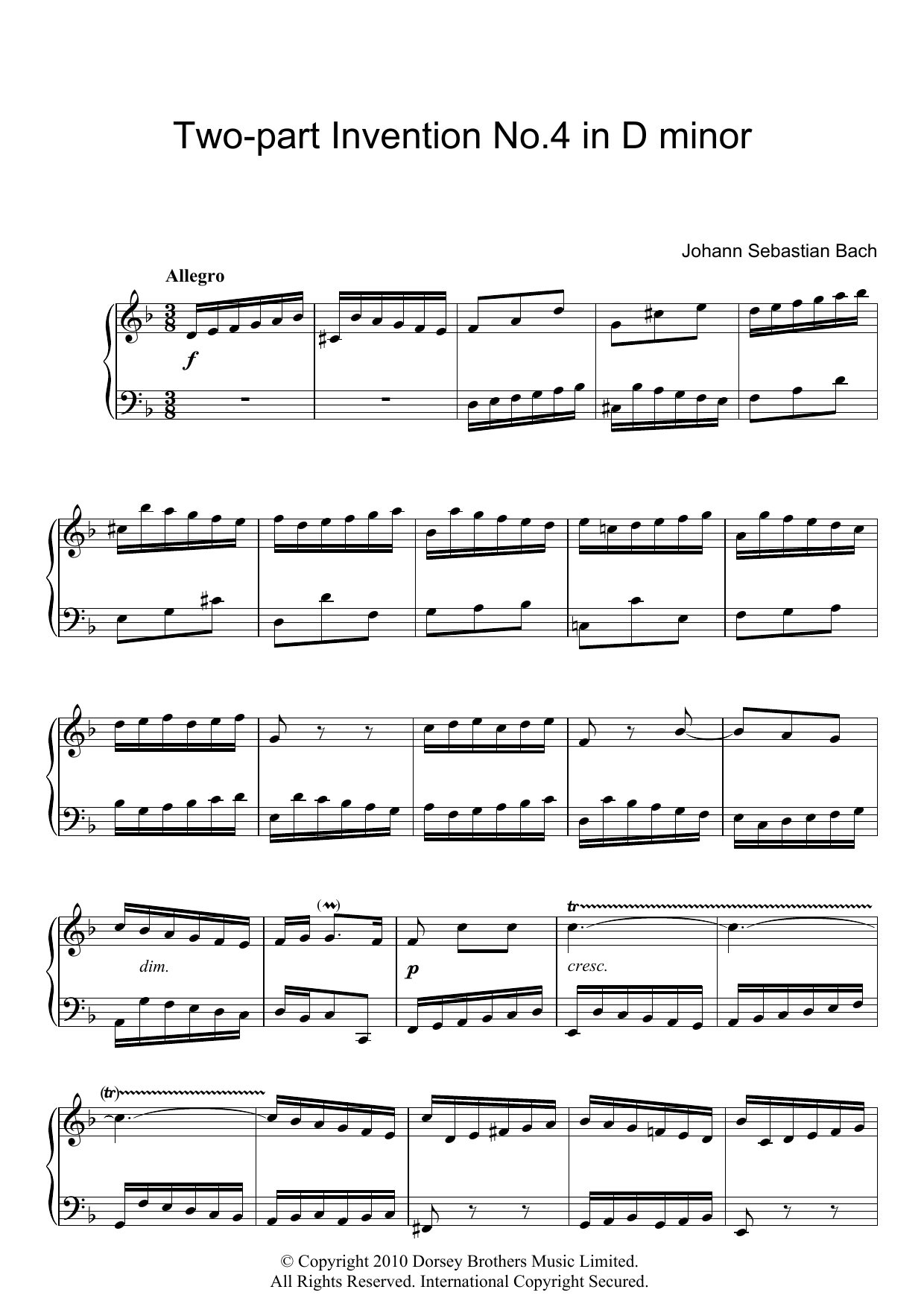 Johann Sebastian Bach Two-Part Invention No. 4 Sheet Music