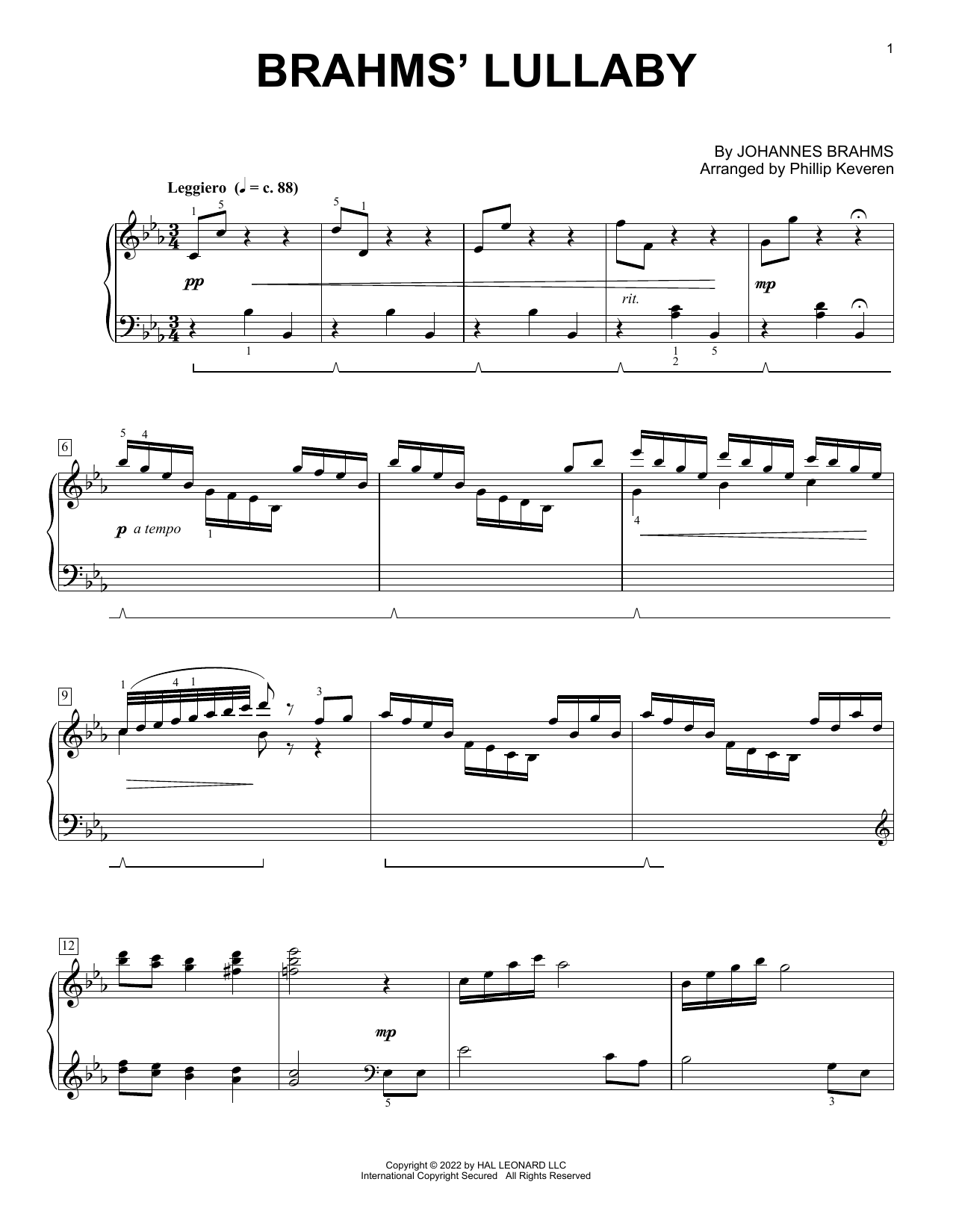Johannes Brahms Brahms' Lullaby (arr. Phillip Keveren) Sheet Music