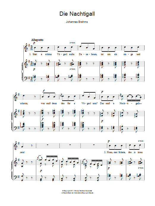 Johannes Brahms Die Nachtigall Sheet Music