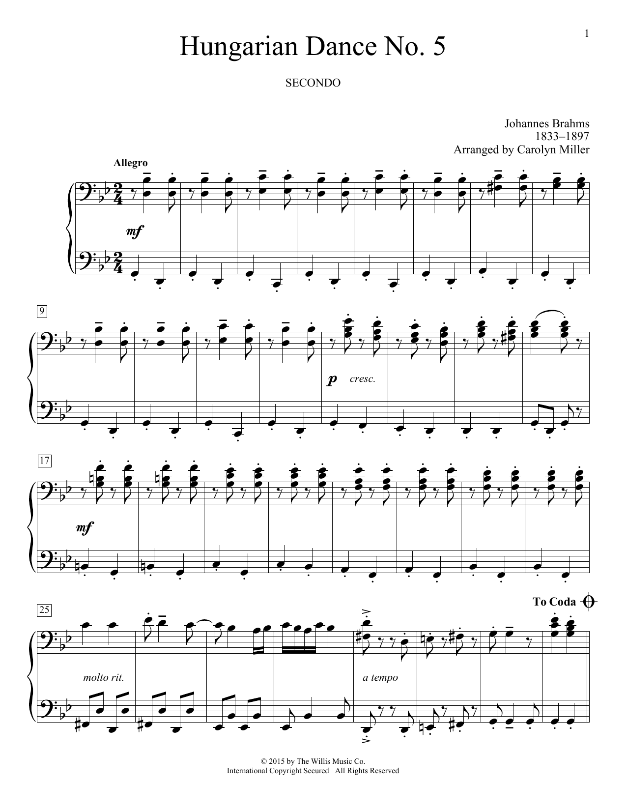 Johannes Brahms Hungarian Dance No. 5 (arr. Carolyn Miller) Sheet Music