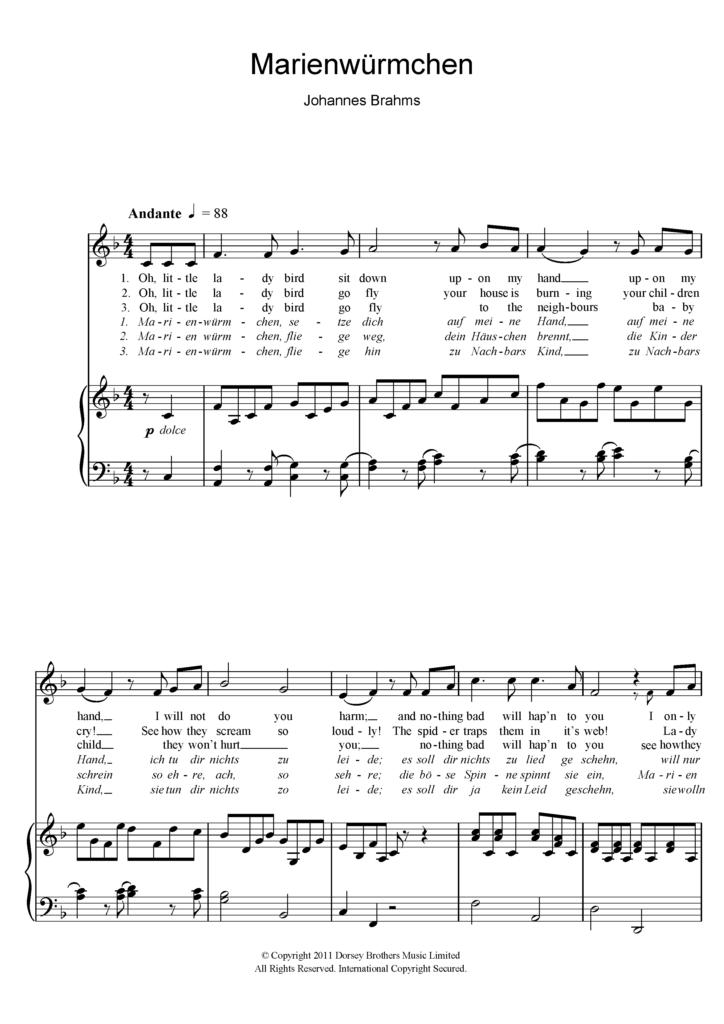 Johannes Brahms Marienwurmchen Sheet Music