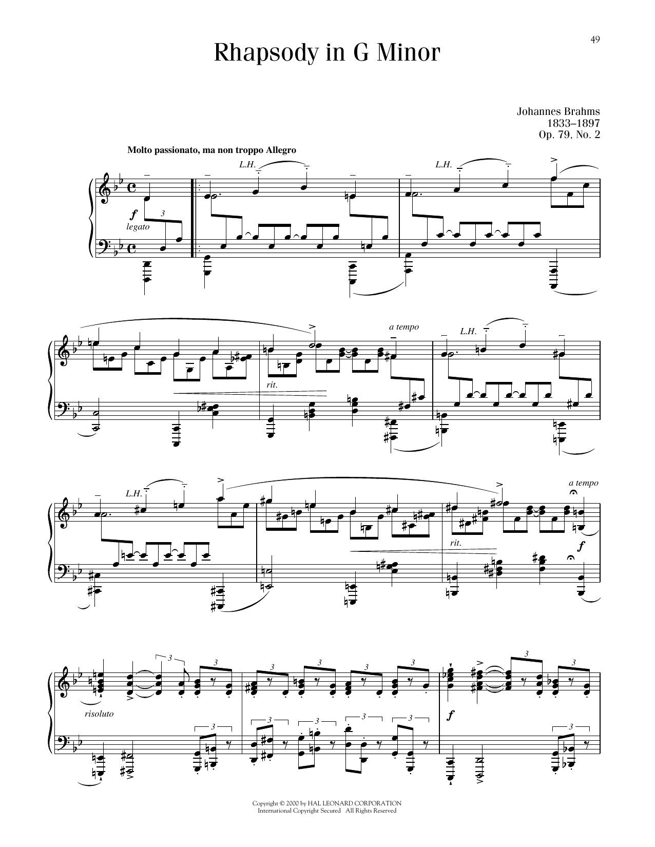 Johannes Brahms Rhapsody In G Minor, Op. 79, No. 2 Sheet Music
