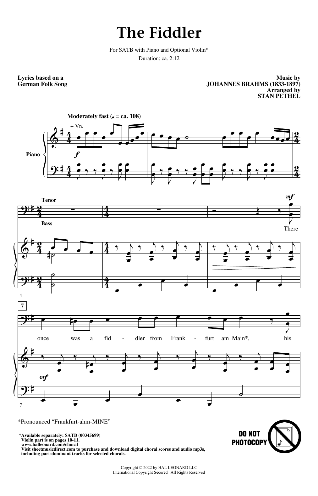 Johannes Brahms The Fiddler (arr. Stan Pethel) Sheet Music