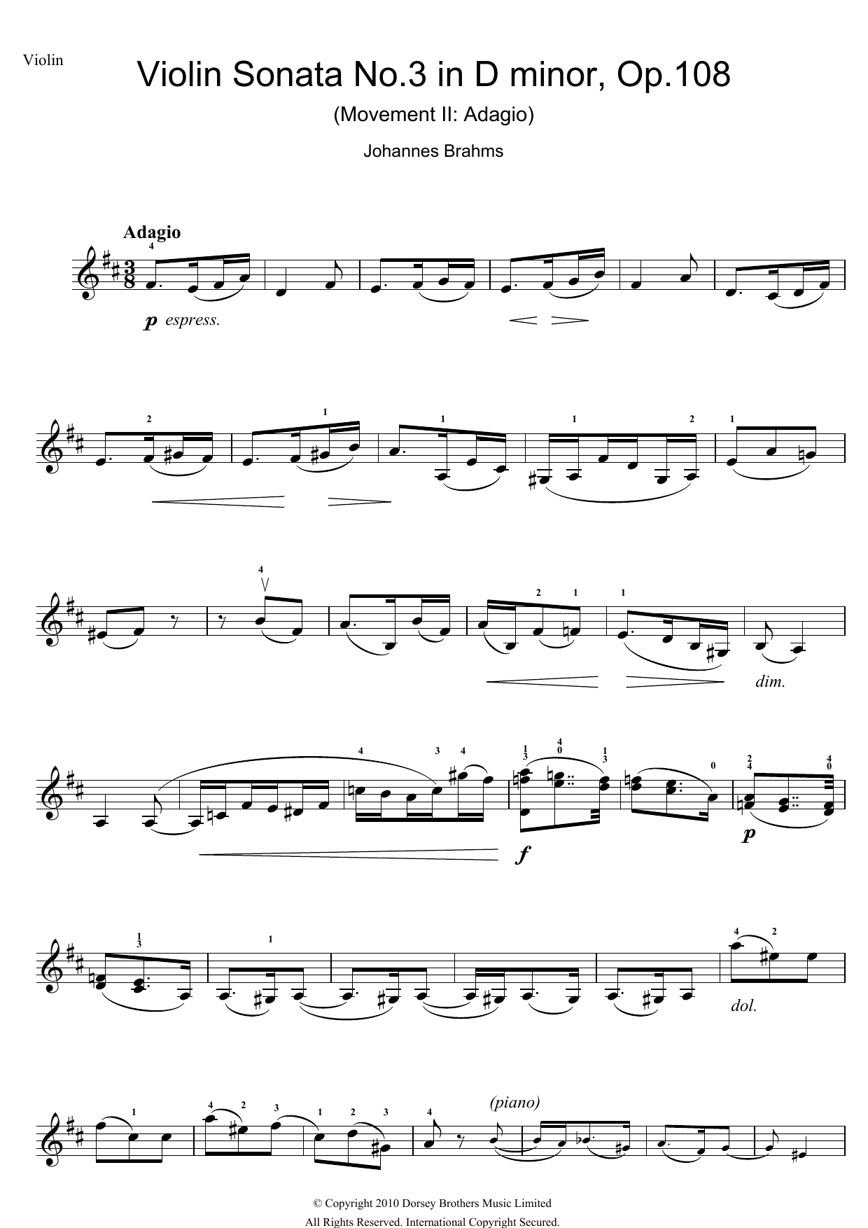 Johannes Brahms Violin Sonata, Op. 108 No. 3 (2nd Movement: Adagio) Sheet Music