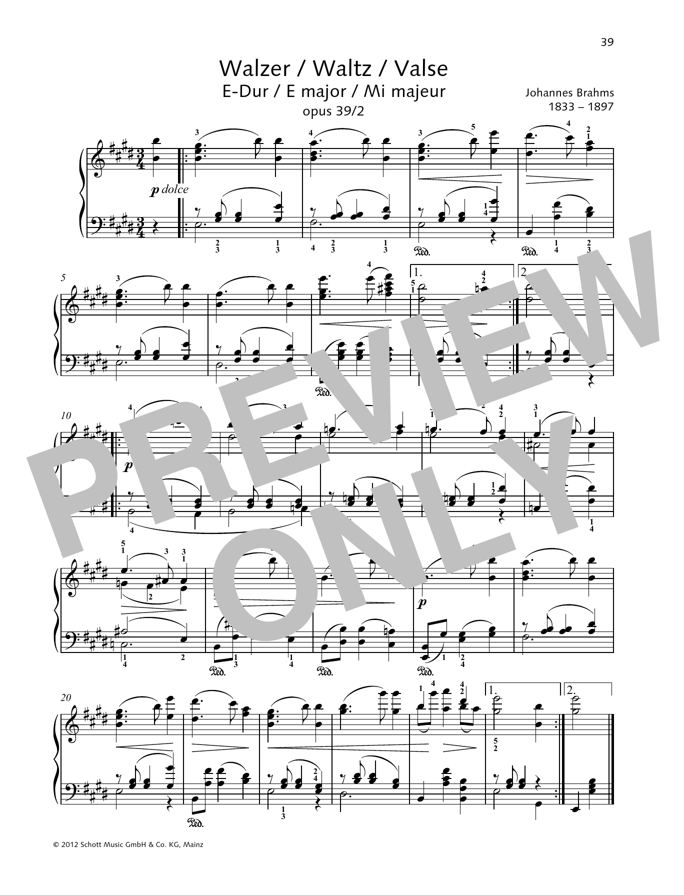 Johannes Brahms Waltz E major Sheet Music
