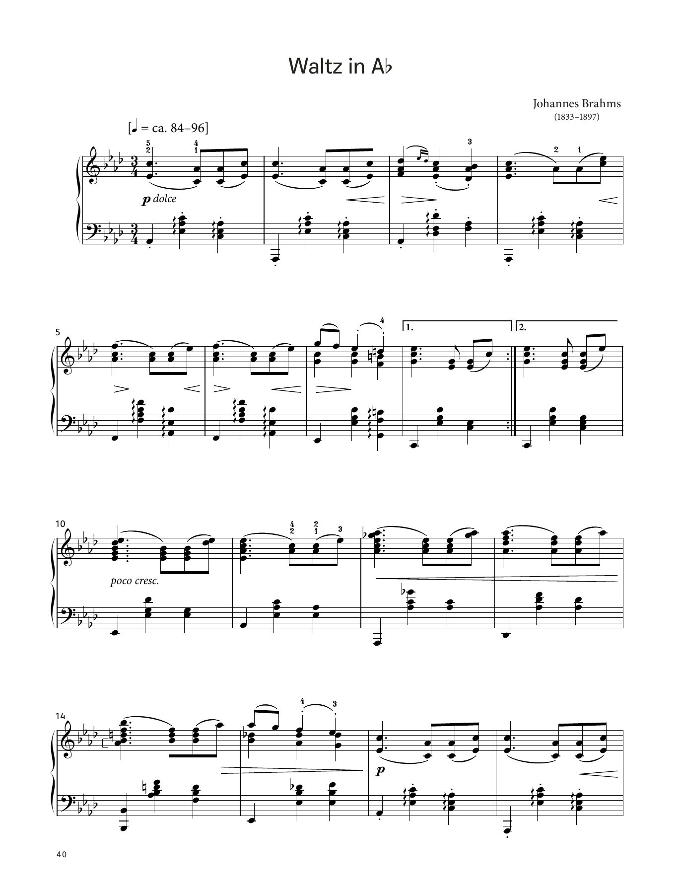 Johannes Brahms Waltz in A‑flat, Op. 39 No. 15 (LCME Piano 2018 Grade 6 List B) Sheet Music