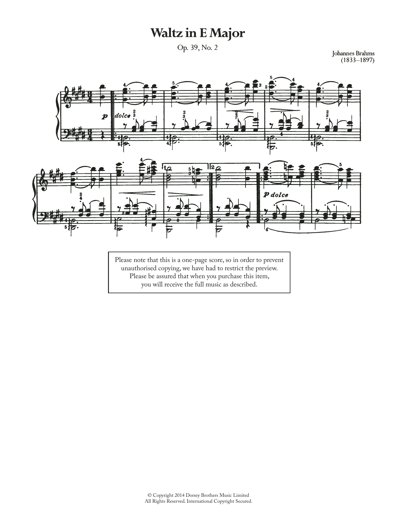 Johannes Brahms Waltz In E Major, Op.39 No.2 Sheet Music