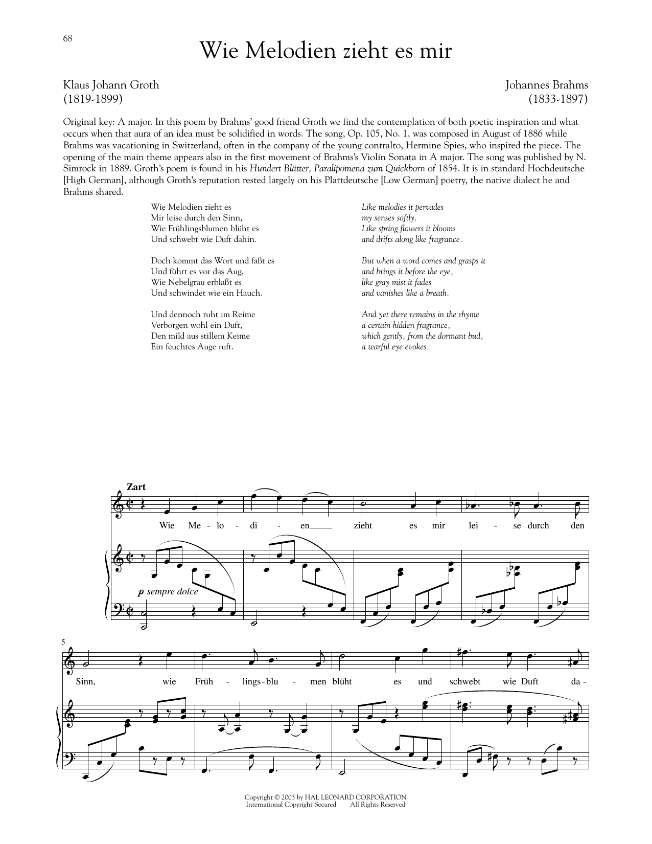 Johannes Brahms Wie Melodien Zieht Es Mir, Op. 105, No. 1 Sheet Music