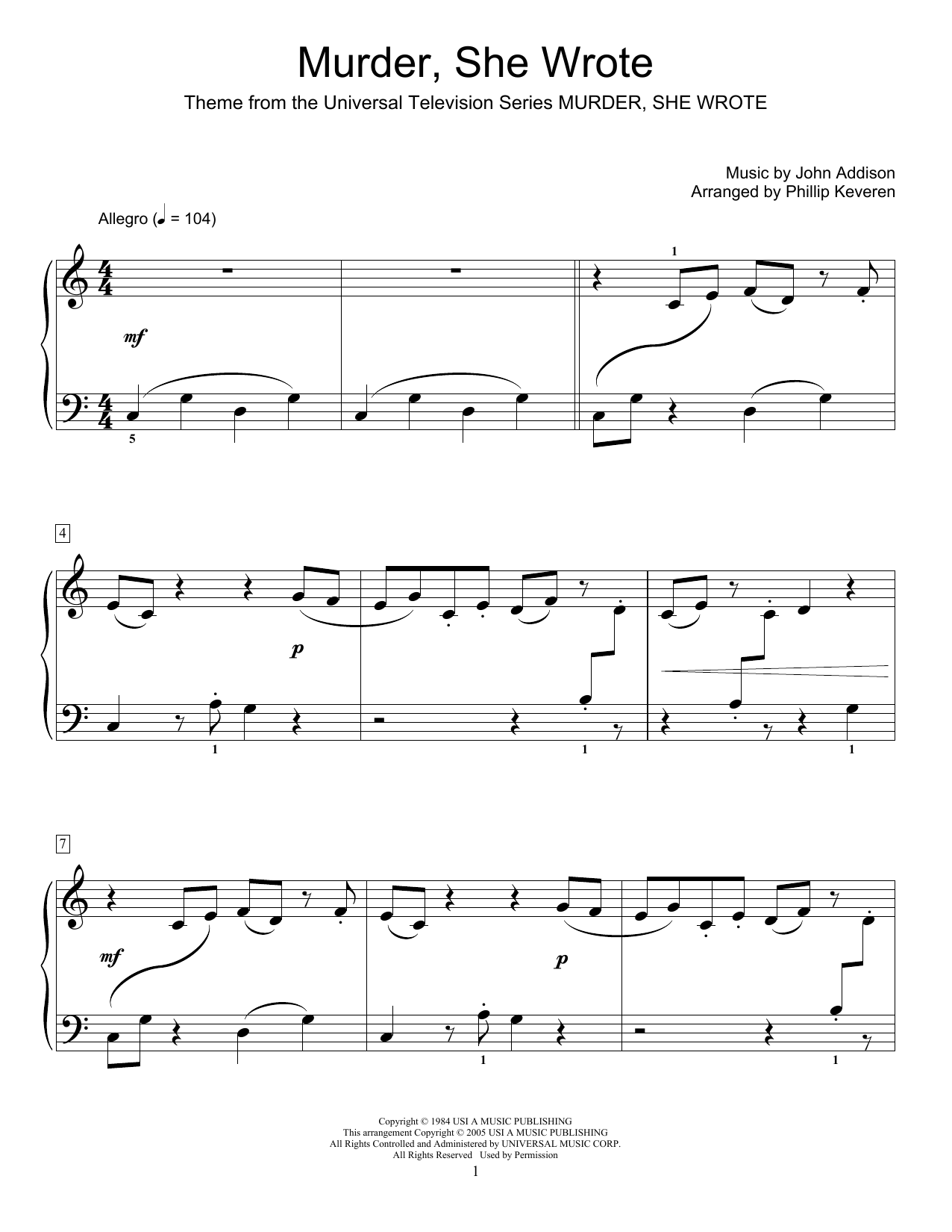John Addison Murder, She Wrote (arr. Phillip Keveren) Sheet Music