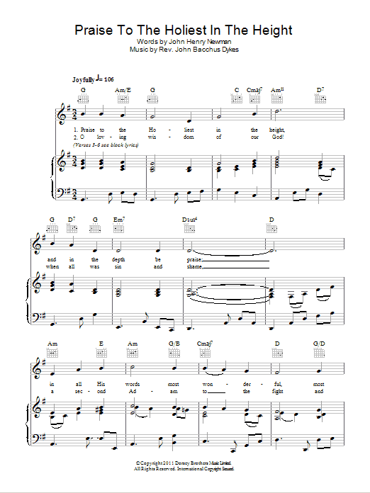 John Bacchus Dykes Praise To The Holiest In The Heights Sheet Music