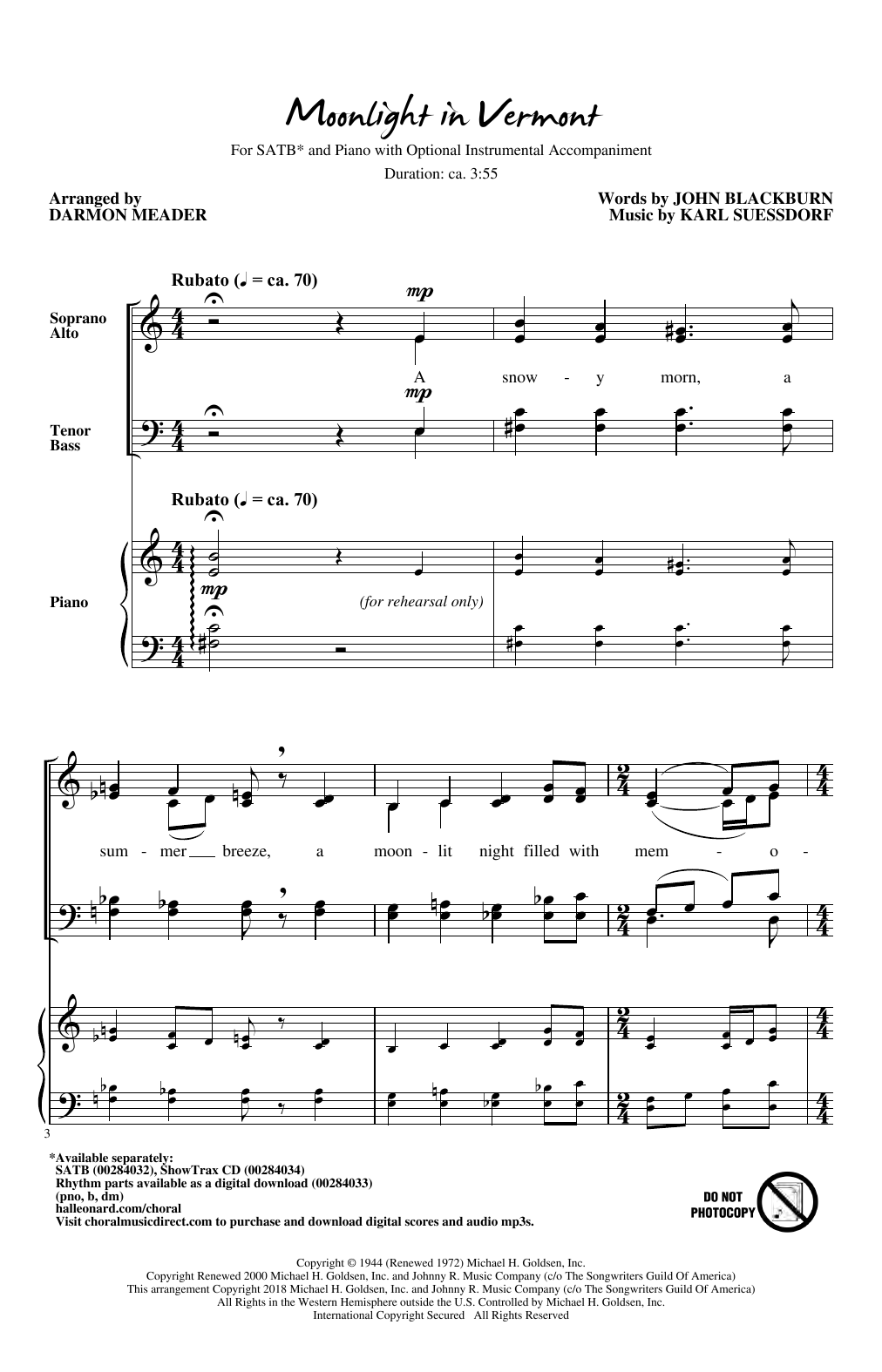 John Blackburn & Karl Suessdorf Moonlight in Vermont (arr. Darmon Meader) Sheet Music