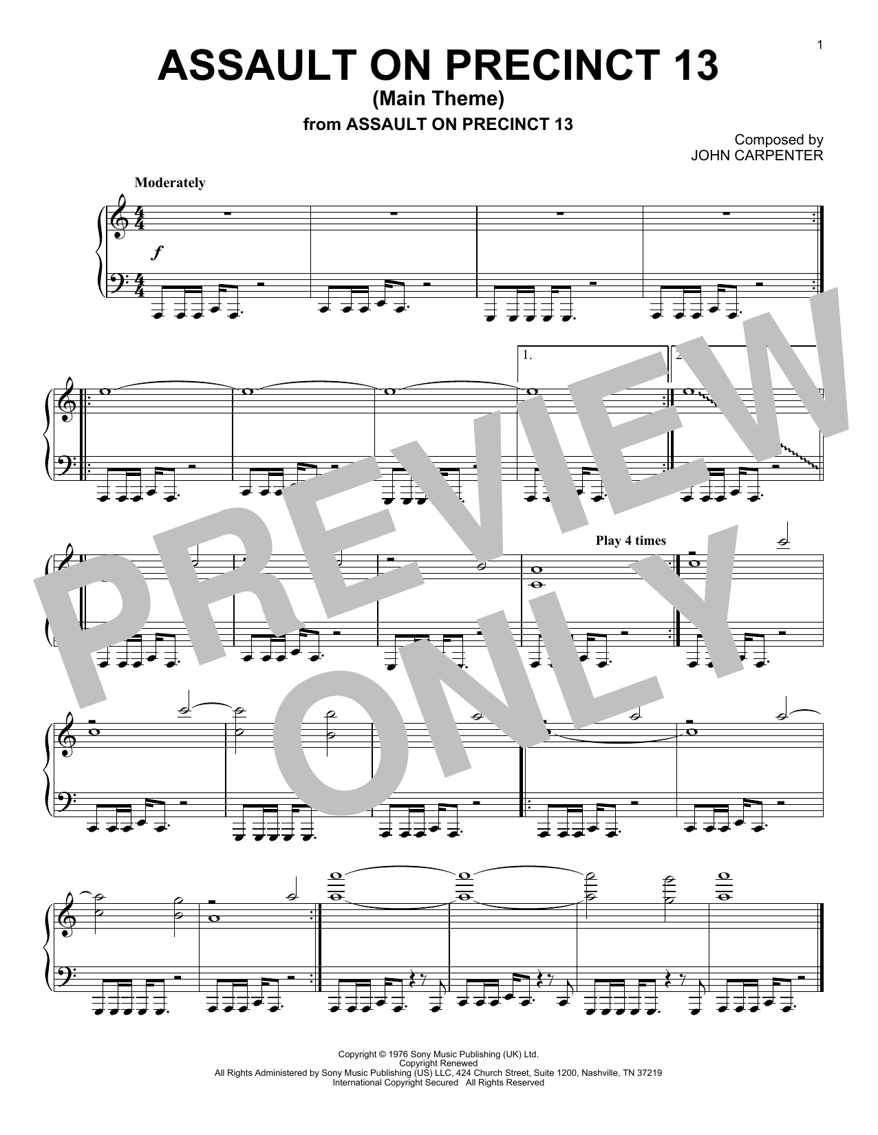 John Carpenter Assault On Precinct 13 (Main Theme) Sheet Music