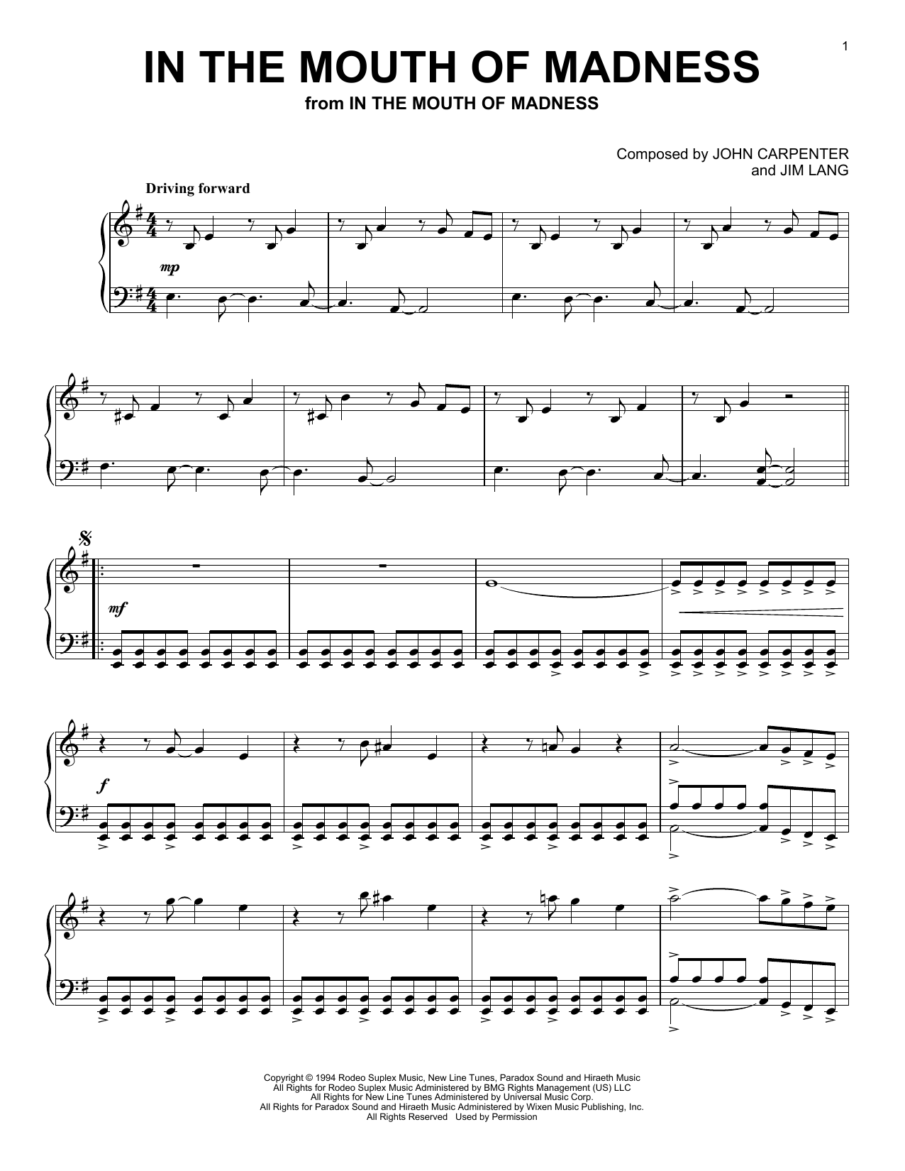 John Carpenter In The Mouth Of Madness Sheet Music