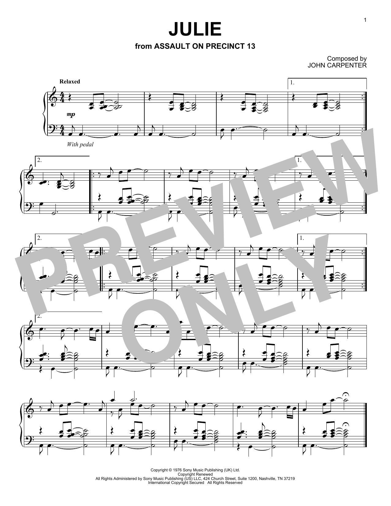 John Carpenter Julie (from Assault on Precinct 13) Sheet Music